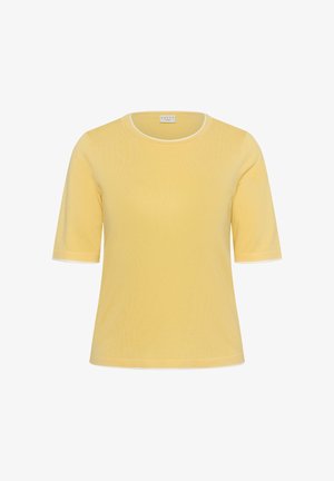 Yellow short-sleeve knit top with round neckline and subtle white trim around collar and sleeve edges.