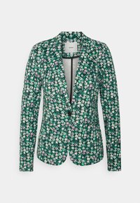 Blazer fleuri vert à coupe ajustée, doté d'un bouton noir, de manches longues et d'un motif floral vibrant avec des accents blancs et roses.