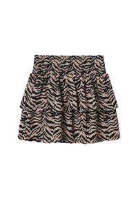 Jupe à volants en rose clair avec imprimé zèbre noir. Elle présente une taille élastique et des volants superposés, fabriquée dans un tissu doux et texturé.