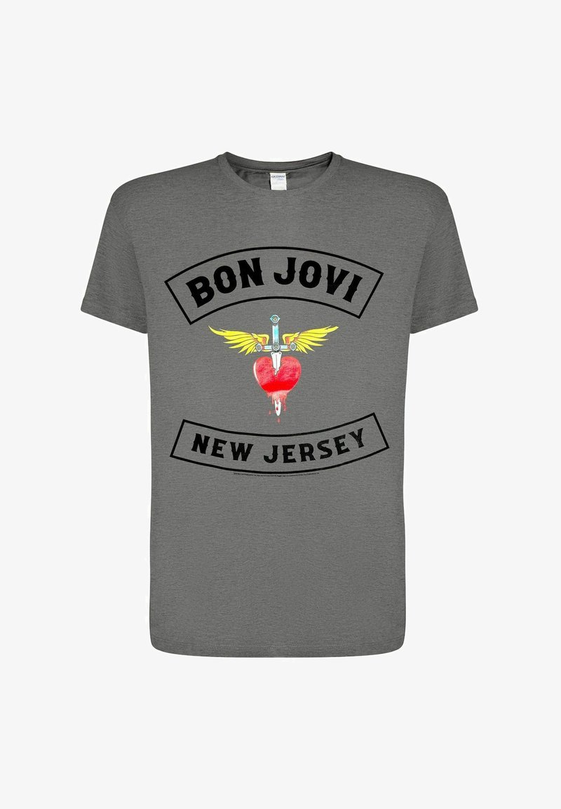 Harmaa puuvillapaita, jossa on keskellä grafiikka punaisesta sydämestä, jossa on miekka ja keltaiset siivet, sekä teksti "BON JOVI NEW JERSEY."