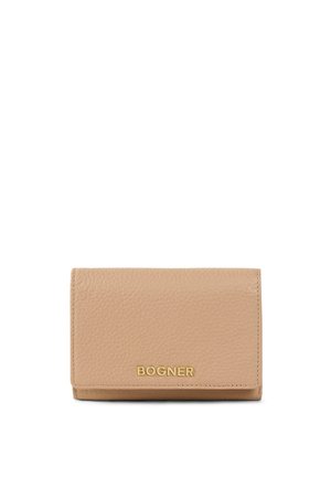 Beige leather wallet with a textured finish, featuring a gold "BOGNER" logo on the front and a tri-fold design.
