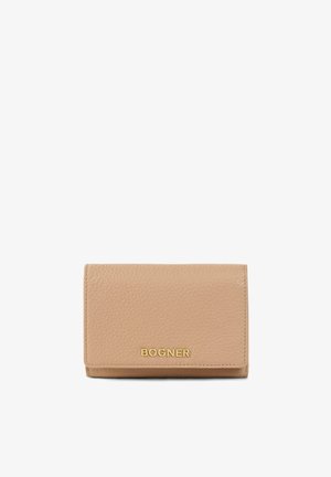 Beige leather wallet with a textured finish, featuring a gold "BOGNER" logo on the front and a tri-fold design.
