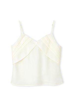 Krémový bezramínkový top s sklady přes hrudník, lehký materiál a nastavitelné ramínka. Hladká textura, neformální styl.