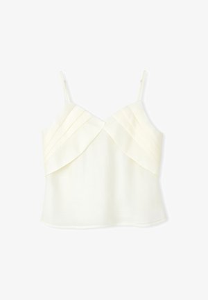 Beżowa, bezrękawnikowa bluzka z plisowanym wzorem wzdłuż klatki piersiowej, lekki materiał i regulowane ramiączka. Gładka tekstura, casualowy styl.