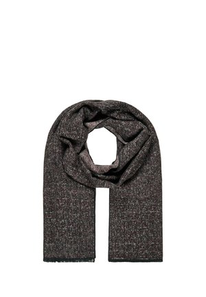 Dunkelgrauer gestrickter Schal mit dezenten weißen und roten Sprenkeln, gefaltet mit einer mittigen Schlaufe auf weißem Hintergrund.
