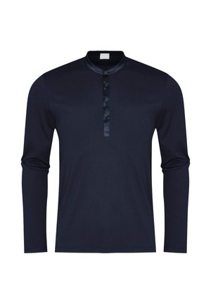Marineblaues Longsleeve-Polohemd mit Stehkragen, Satinakzenten und Knopfleiste; glattes Material mit einer taillierten Passform.