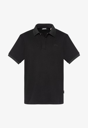Polo shirt nero con tessuto texturizzato, patta a tre bottoni e colletto e polsini neri a contrasto. Presenta un logo discreto.