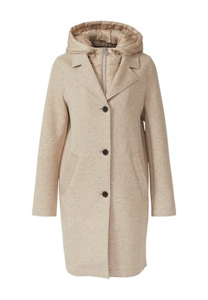 Beige langer Mantel mit Kapuze, ausgestattet mit einer gepolsterten Innenlage, großen Revers, fünf Knöpfen und seitlichen Taschen. Glatte Stoffstruktur.
