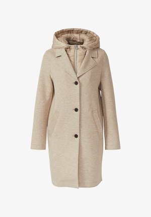 Beige langer Mantel mit Kapuze, ausgestattet mit einer gepolsterten Innenlage, großen Revers, fünf Knöpfen und seitlichen Taschen. Glatte Stoffstruktur.