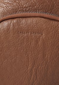 Hnědá kožená textura s mírně zmačkaným povrchem, která má zipové uzavření a ražené logo "CALL IT SPRING" v minimalistickém designu.