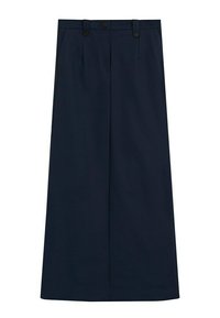 Pantaloni larghi blu navy realizzati in tessuto morbido, con chiusura a bottone, due tasche frontali e una vestibilità su misura.