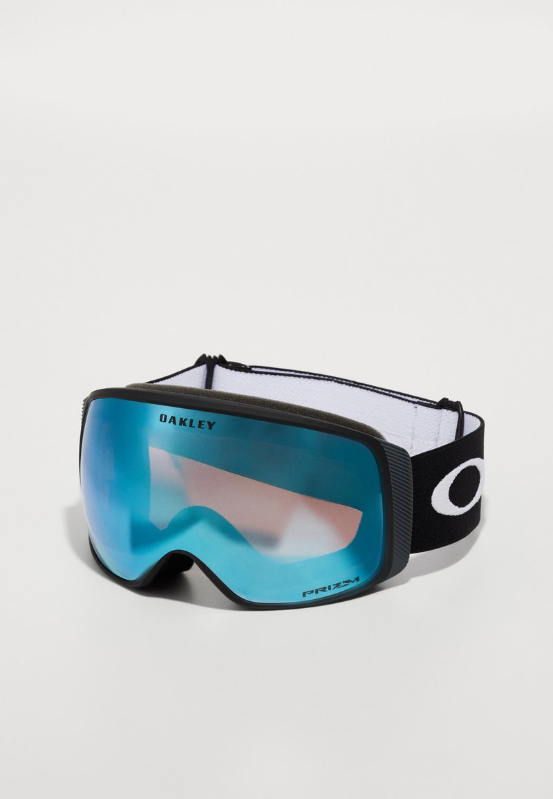 Lunettes de ski avec une monture noire, verres miroités bleus et une sangle élastique blanche avec le logo "OAKLEY". Doublure intérieure douce pour un confort optimal.