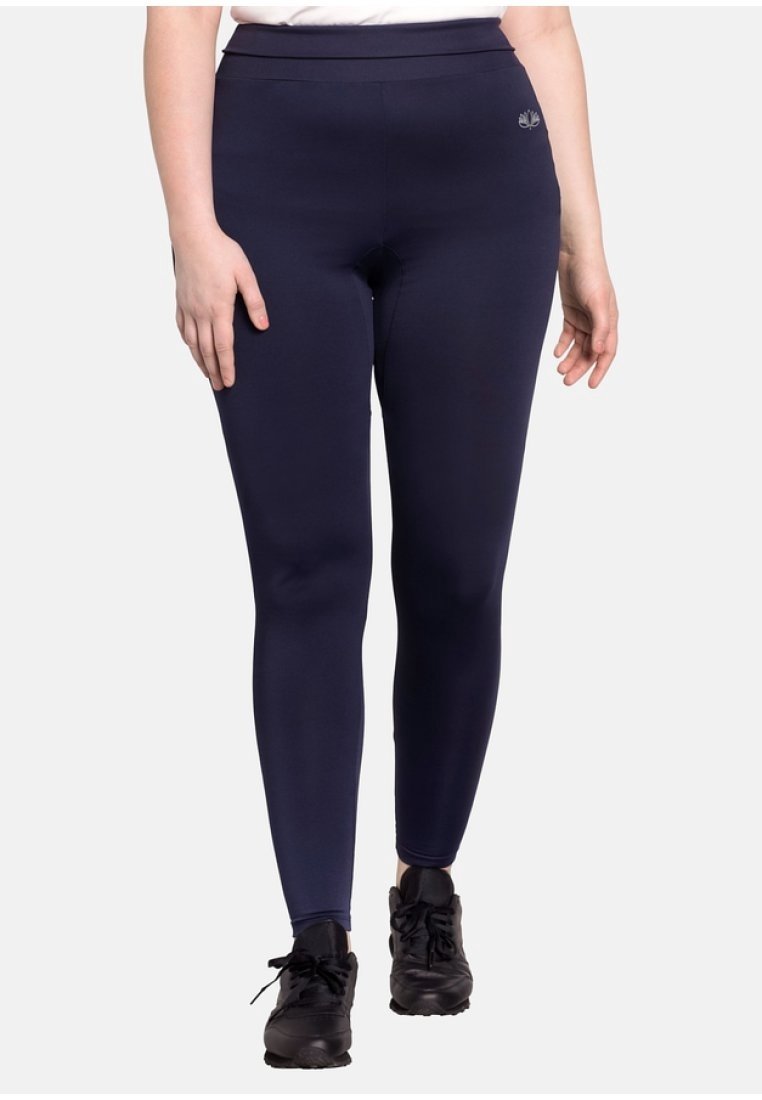 Navy leggings made of stretch fabric, featuring a high waistband and a small brand logo on the left hip. Smooth texture and form-fitting design.