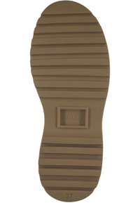 Bruine rubberen schoenenzool met horizontale groeven, met een rechthoekig logo-label dat in het midden is ingebed en het maatnummer 37.