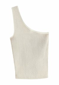 Top corto asimmetrico in materiale a coste beige, con una singola spallina e una forma aderente senza accenti aggiuntivi.