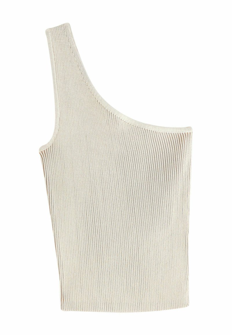 Top corto asimmetrico in materiale a coste beige, con una singola spallina e una forma aderente senza accenti aggiuntivi.