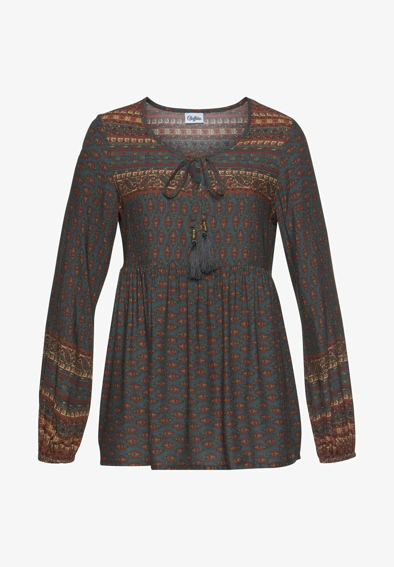 Grüne, gemusterte Bluse mit langen Ärmeln, runder Ausschnitt und Bindedetail. Verfügt über rote und goldene geometrische Designs sowie Trockenfransenakzente.