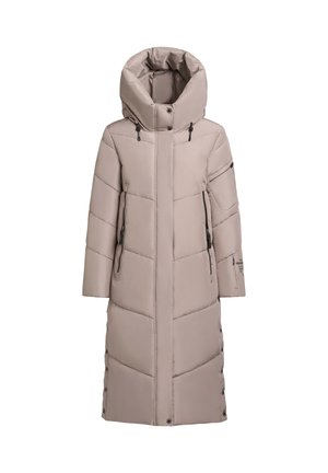 Gepolsterter langer Mantel in hellbeige mit hohem Kragen, Doppelreißverschluss und Seitentaschen; ausgestattet mit Druckknöpfen und vertikaler Steppung.