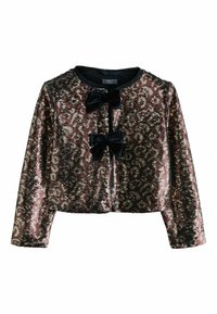 Geknipte jas met een paars-rood en zwart sequins patroon, met twee zwarte fluwelen strikken en een ronde halslijn. Inclusief lange mouwen.
