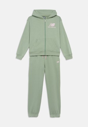 Green sweatshirt and pants set, made of soft fabric. Hoodie has a zip front and side pockets; logo printed in pink; elastic cuffs and waistband.