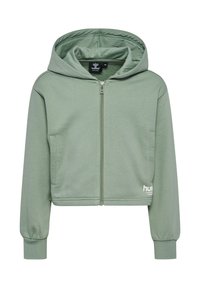 Korte hoodie in lichtgroen, met een ritssluiting aan de voorkant, verstelbare capuchon en geribde manchetten. Gemaakt van zachte, gestructureerde stof met logo-detail.