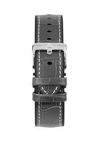 Correa de reloj de cuero gris con textura de cocodrilo y costuras blancas. Cuenta con una hebilla de metal plateado y múltiples agujeros de ajuste.