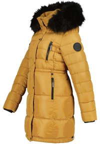 Geel pufferjack met een zwart nepbont capuchon, ritszakken en een geborduurd patroon. Beschikt over een logo-opdruk op de mouw en elastische manchetten.