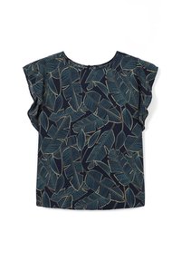 Blusa navy con motivo di foglie teal, maniche a farfalla e scollatura rotonda, posata su uno sfondo bianco.