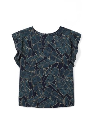 Blouse navy avec motif de feuilles teal, manches volantes et col rond, posée à plat sur fond blanc.