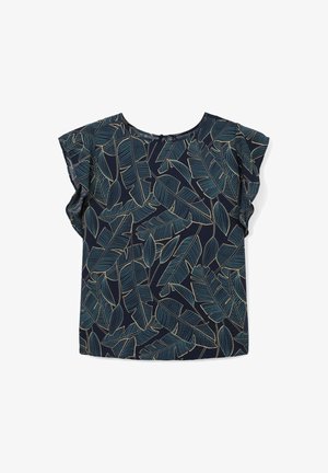 Blouse navy avec motif de feuilles teal, manches volantes et col rond, posée à plat sur fond blanc.