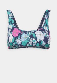 Top de biquíni floral com uma cor base azul-marinho, alças largas, tecido texturizado e um padrão floral multicolorido com detalhes em rosa e azul.