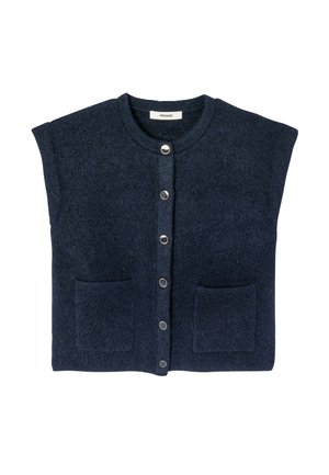 Cardigan sans manches en laine bleu marine avec encolure ronde, boutons-pression à l'avant et deux poches appliquées à l'avant.