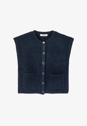 Cardigan sans manches en laine bleu marine avec encolure ronde, boutons-pression à l'avant et deux poches appliquées à l'avant.