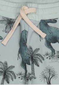 Light blue shorts featuring a dinosaur print with palm trees. Details include a textured fabric and a white drawstring.