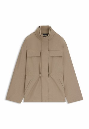 Beige, long-sleeved jacket made of textured fabric. Features a high collar, two upper pockets, and side pockets. Simple, functional design.