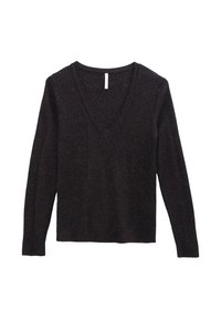 Zwarte, ribbelgebreide trui met een diepe V-hals en lange mouwen. Beschikt over een getextureerde afwerking en een rechte zoom, gemaakt van een zacht materiaal.