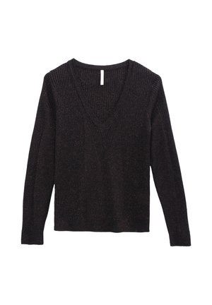 Suéter negro de punto acanalado con escote en V profundo y mangas largas. Presenta un acabado texturizado y dobladillo recto, elaborado con un material suave.