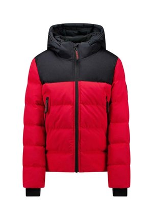 Rood en zwart doorgestikte winterjas met een ritssluiting aan de voorkant, twee zakken met rits, capuchon en geribde boorden aan de mouwen.