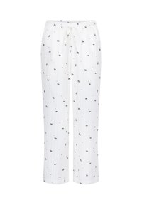 Lichte, witte pyjamabroeken met een elastische tailleband en trekkoord, voorzien van een verspreid bloemenpatroon in zwart en rood.