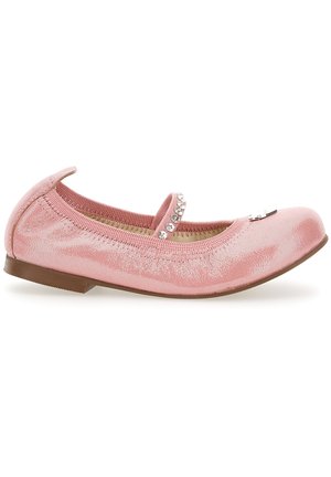 Chaussure plate Mary Jane rose pailletée pour fille avec bride ornée de strass et semelle marron, vue de côté sur fond blanc.