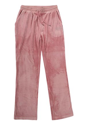 Rosa velour joggebukser med sidelommer, elastisk midje og snorlås. Myk tekstur med en jevn overflate, med en logo som pynt.