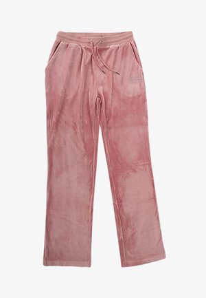 Rosa Velours-Sweatpants mit Seiten Taschen, elastischem Bund und Kordelzug. Weiche Textur mit glatter Oberfläche, ausgestattet mit einem Logo-Akzent.