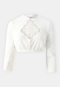 Biely čipkový cropped top s vysokým golierom, dlhými rukávmi, zvlneným lemom a výrezom v tvare kľúča vpredu. Textúrovaný kvetinový vzor po celom povrchu.