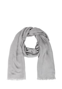 Écharpe gris clair en tissu doux et léger. Présente une frange délicate sur les bords et une texture lisse.