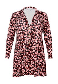 Zwart shirtjurk met een levendig rood-witte abstracte print, v-hals, lange mouwen en gouden knoopaccenten aan de voorkant.