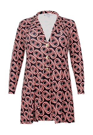 Schwarzes Hemdkleid mit einem lebhaften rot-weißen abstrakten Muster, V-Ausschnitt, langen Ärmeln und goldenen Knopfakzenten an der Vorderseite.