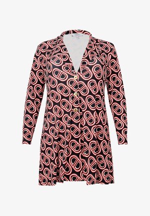 Sort skjortekjole med et livligt rødt og hvidt abstrakt mønster, v-hals, lange ærmer og guld knapdetaljer ned foran.