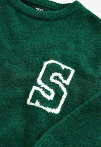 Grön stickad tröja med ribbad halslinning och en vit "S"-logotyp som är framträdande på framsidan med kontrasterande texturdetalj.