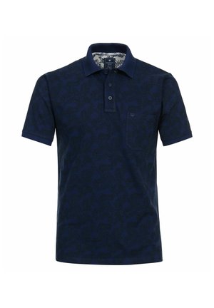 Marineblauses Poloshirt mit einem subtilen Blättermuster, drei Knöpfen am Kragen und einer Brusttasche. Weiches Baumwollmaterial mit glatter Textur.