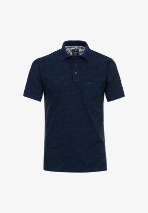Granatowa koszulka polo z delikatnym wzorem liści, z trzema guzikami przy kołnierzyku i kieszonką na piersi. Wykonana z miękkiej bawełny o gładkiej fakturze.